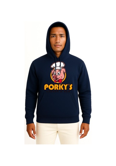 Bahriyeli Collection Kapüşonlu Porky's Lechon Barbecue Domuz Göğüs Tasarımlı Unisex Sweatshirt Lacivert