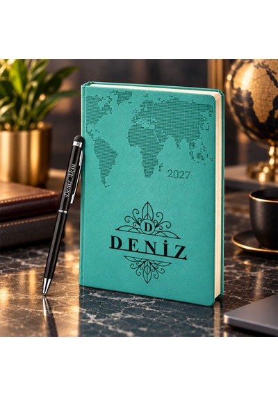 Bk Gift Kişiye Özel 378 Termo Deri Tarihli Ajanda & Siyah Touch Pen Tükenmez Kalem-16 Turkuaz