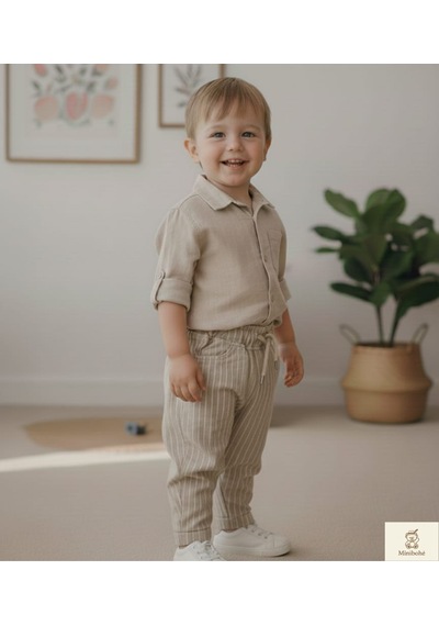 Minibohe Erkek Bebek & Çocuk Çizgili Pantolon Bej Bej