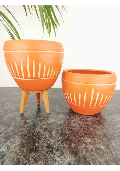 BİTKİ TASARIMI EV DEKORASYON DİK ÇİZGİ DESENLİ TERRAKOTA TOPRAK SAKSI SAKSILIK SALON ÇİÇEKLİK İKİLİ SET AYAKSIZ - 3 AYAKLI- 15 CM
