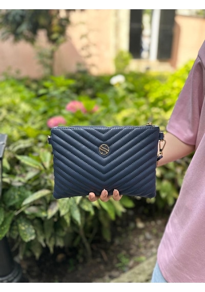 Sanmorris Kadın Suni Deri Lacivert Renkli Ayarlanabilir Çapraz Ve El Askılı Portföy, Clutch Çanta Lacivert