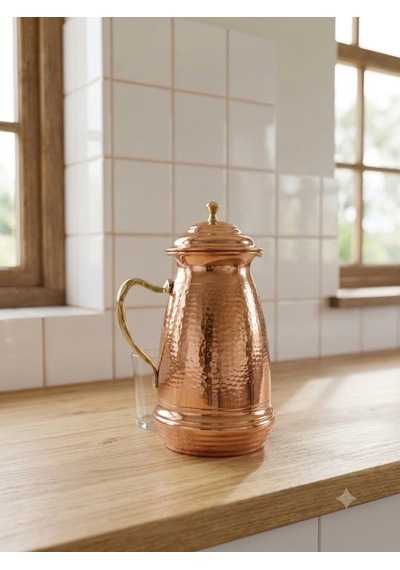 Aura Copper Klasik Kapaklı Ağır El İşlemeli Bakır Sürahi 2,5 L 1,2 Mm İçi Kalaylı