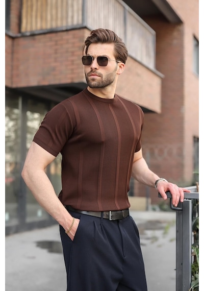 Madmext Kahverengi Regular Fit Bisiklet Yaka Fitilli Triko Erkek Tişört E7490