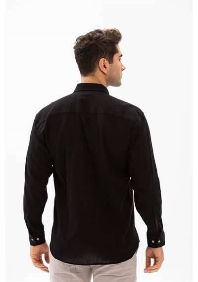 Eliş Şile Bezi Büyük Beden Şile Bezi Tek Cepli Uzun Kol Erkek Gömlek Siyah 3003 - 4XL Siyah