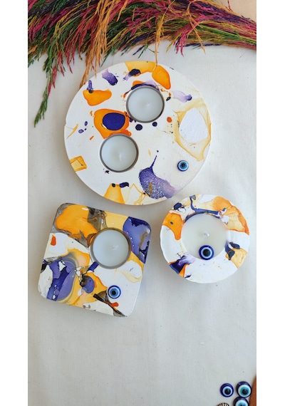 Fancyagnes El Yapımı Taş Tozu Mumluk 3lü Set Beyaz - Turuncu