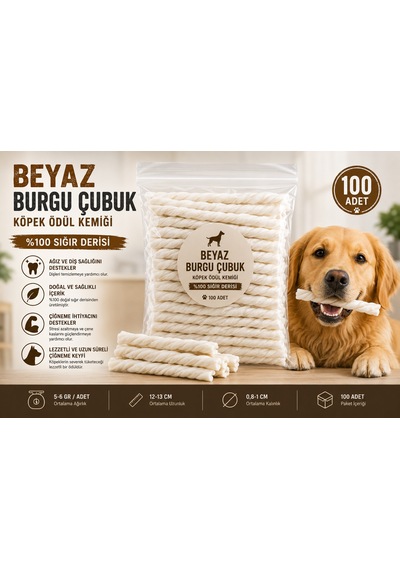 Beyaz Burgu Çubuk Köpek Ödül Kemiği 100 Lü Paket