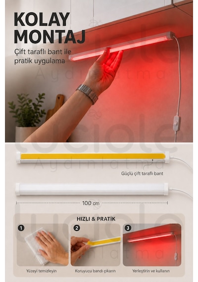 Kırmızı Usb Led Bar 100 Cm Yapışkanlı Anahtarlı Dolap Tezgah Raf Dekoratif Aydınlatma