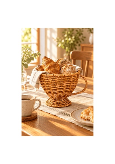 Atbyhome Doğal Hasır Rattan Kupa Formunda Ayaklı Sepet 15x13 Cm - Kulplu Masa Üstü Ekmeklik Ve Meyvelik Kahverengi