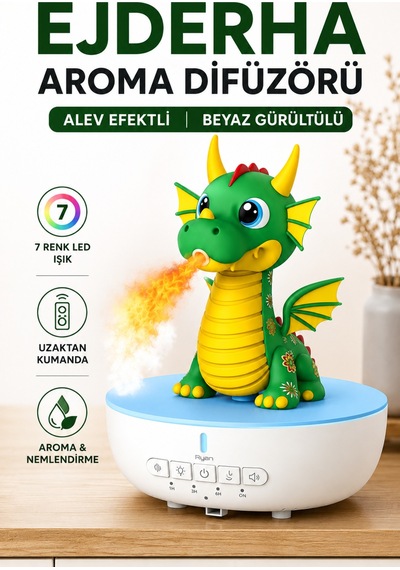 Hava Nemlendirici Buhar Makinesi Ejderha Aroma Difüzörü Beyaz Gürültülü Alev Efektli 7 Renk Led Uzaktan Kumandalı