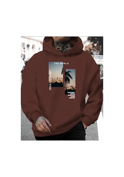 Herkesemoda The World Baskı Detaylı Kapüşonlu Sweatshırt Kahve Kahverengi