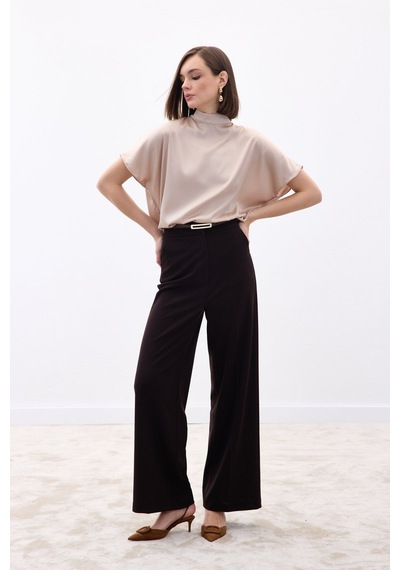 Sateen Palazzo Krep Pantolon - Kahve-136712 kahve