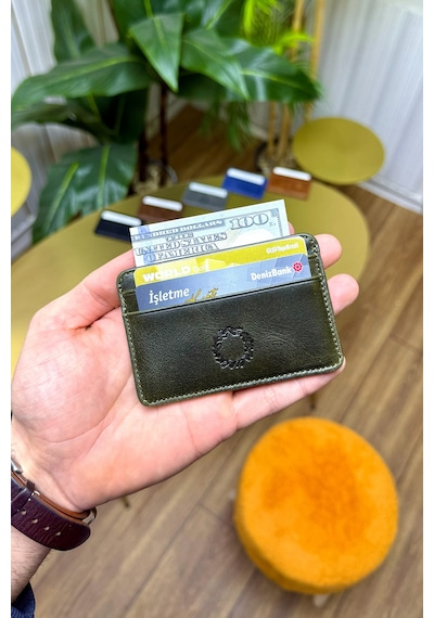 Unisex Antik Yeşil Mini Design Hakiki Deri Kartlık Cüzdan Erkek - Kadın Yeşil