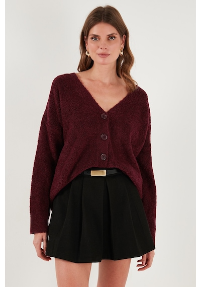 Lela Oversize Fit Düğmeli V Yaka Uzun Kollu Triko Bayan Hırka 4616232 Bordo