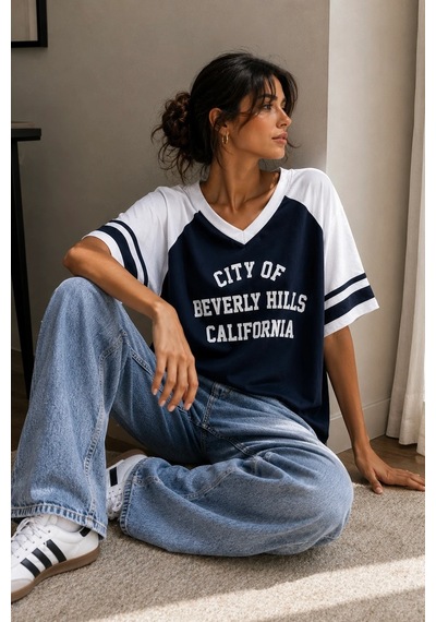 Bbbutikbasic Baskılı Oversize V Yaka Salaş Tişört My3535 Lacivert