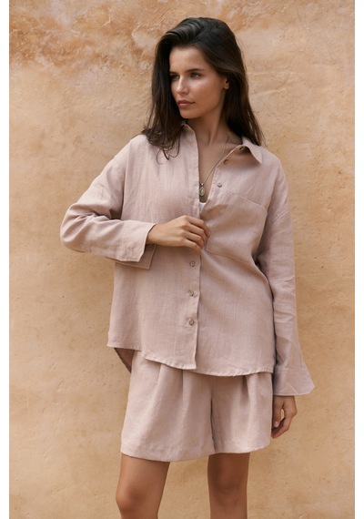 Mai Collection Mai Studios Co. Gaelil Oversize Vizon Keten Gömlek Şort Takım Vizon