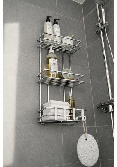 Sas Haus Krom 3 Katlı Banyo Rafı Şampuanlık Ve Duş Rafı Askılı Yapışkanlı Duvara Monte Tş-03 Krom