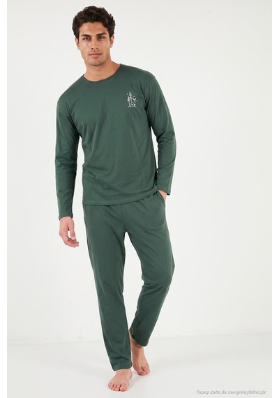 Buratti Minimal Baskılı Pamuklu Uzun Kollu Pijama Takımı Erkek Pijama Takımı 6575005 Yeşil