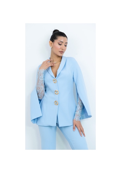 Dorne Moda Özel Koleksiyon Dantel Detaylı Takım Elbise - Düğün - Mezuniyet - Ofis Şıklığı mavi