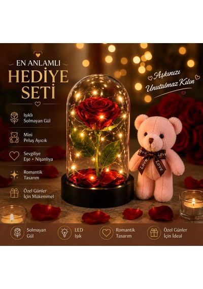 Led Işıklı Mika Fanus Solmayan Yapay Kırmızı Gül & 1 Mini Peluş Ayıcık Sevgiliye Romantik Hediye Set