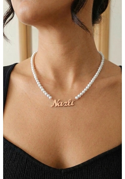 Orjinal İnci Doğaltaş Dizili 925 Ayar Gümüş İsimli Kolye Rose Gold