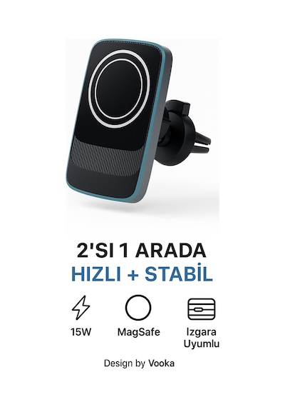 15w Magsafe Uyumlu Kablosuz Araç İçi Şarj Ve Telefon Tutucu 2'si 1 Arada, Hızlı Şarj, Izgara Tipi Siyah