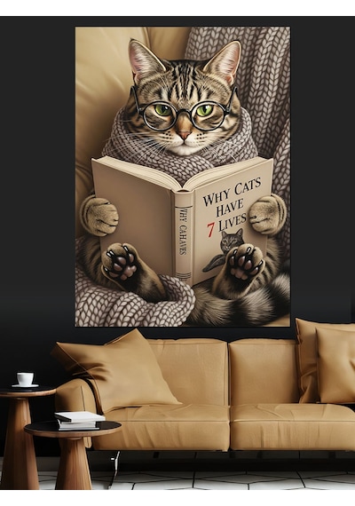 Ahşap Tablo Yatakta Kitap Okuyan Kedi