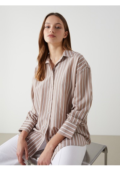 Lcw Modest Kahverengi Çizgili Oversize Kadın Gömlek Tunik