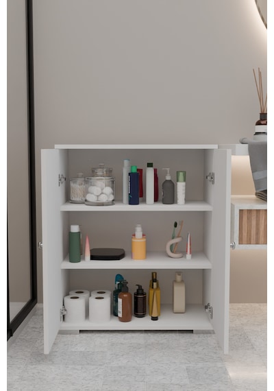 Şelale 3 Bölmeli Banyo Dolabı Deterjan Dolabı Banyo Rafı Beyaz Beyaz