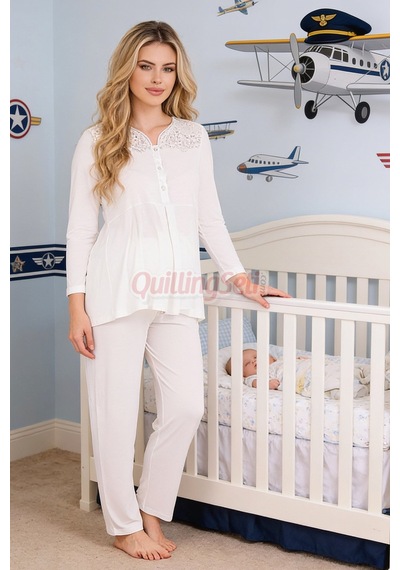 Lady Ekru Renkli Dantel Detaylı, 33201 Uzun Kol, 2 Parça Lohusa Hamile Pijama Takımı