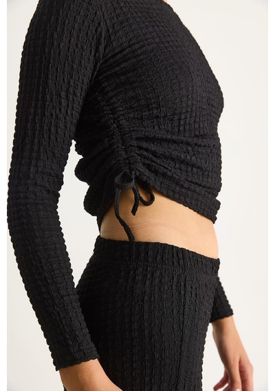 Shade Kadın Yanları Bağlamalı Crop Beli Lastikli Yüksek Bel Pantolonlu Bürümcük Takım 8075 60284110 - Siyah