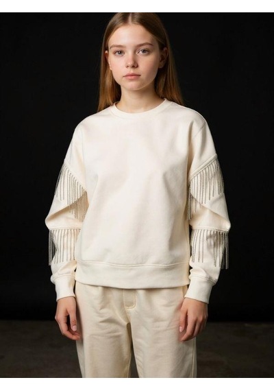 Kız Çocuk Yüzde Yüz Pamuklu İki İplik Zincir Detaylı Sweatshirt-16698 Ekru