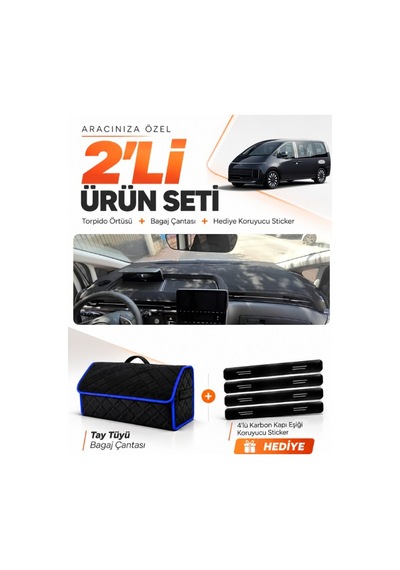Hyundai Staria 2021-2025 Uyumlu Torpido Örtüsü + Tay Tüyü Bagaj Çantası + Sticker - Siyah Mavi
