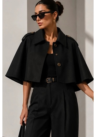 Bb Butik Basic Kadın Premiun Omuz Apoletli Crop Panço Trençkot Fs3434 Siyah