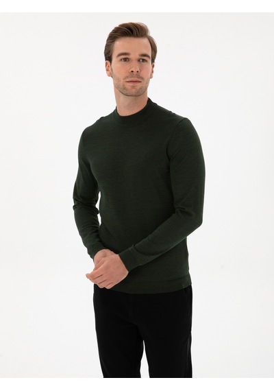 Cacharel Koyu Yeşil Slim Fit Yün Karışımlı Çeyrek Balıkçı Basic Triko Kazak Yesıl