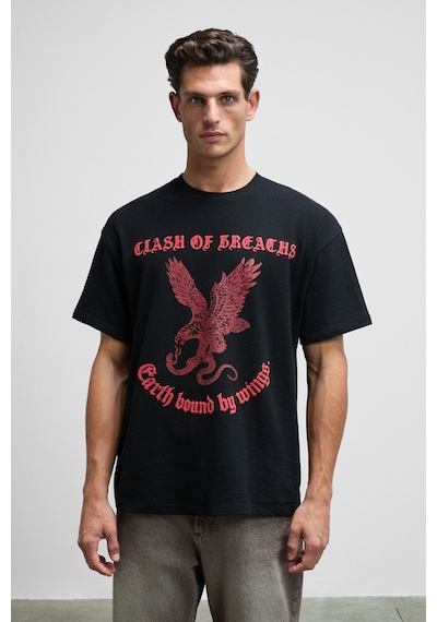 Grimelange GUSI Erkek Önü Kabaran Baskılı %100 Organik Pamuk Oversize Fit Bisiklet Yaka Siyah T-Shirt