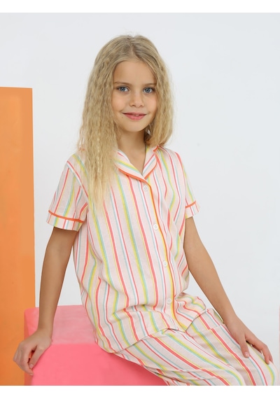 Kız Çocuk Kısa Kollu %100 Pamuklu Düğmeli Pijama Takımı Alice Somon SOMON