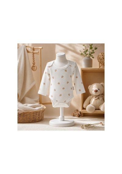 Bebelove Bebek Uzun Kollu Baskılı Çıtçıtlı Body 2'li Set Krem-bej Çok Renkli