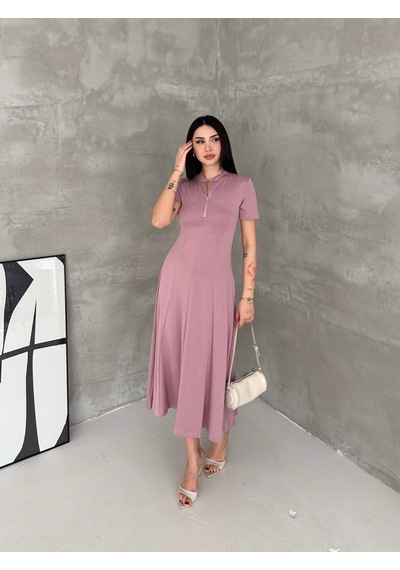 Elaxi Kadın Fermuar Detaylı Maxi Uzun Modal Elbise Pembe