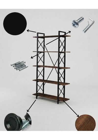Modern 5 Raflı Metal Kitaplık - 180 Cm Ceviz Raflı Dekoratif Çelik Gövdeli Kitaplık Siyah