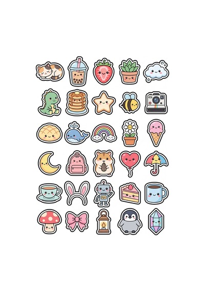30 Adet Pastel Sevimli Objeler Sticker Seti - Laptop Defter Telefon Ajanda Çok Renkli