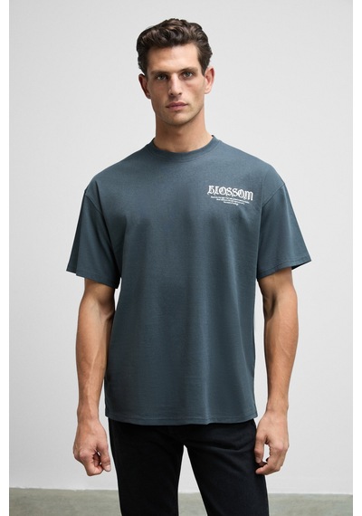 Grımelange VORTEX Erkek Göğsü Nakışlı Sırtı Baskılı %100 Organik Pamuk Oversize Fit Bisiklet Yaka Antrasit T-Sh