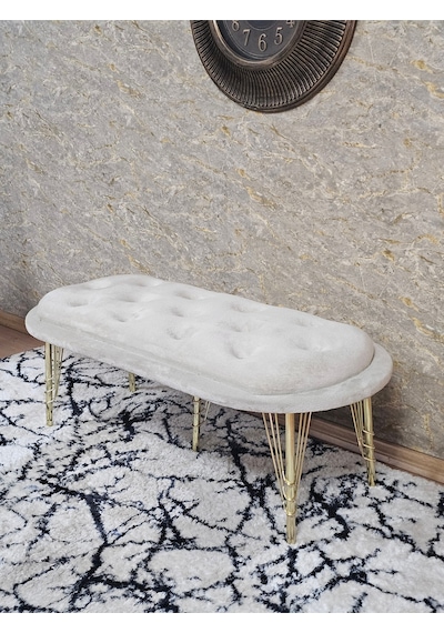Zafir Ufo Oturak Bench - Gold Kaplama Telli Ayak - Oturak - Bench - Puf - Yatak Ucu Pufu Krem