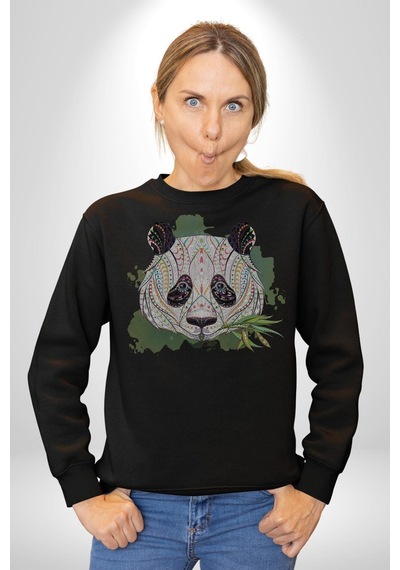 Panda Mandala Unisex Siyah Baskılı Sweatshirt Siyah