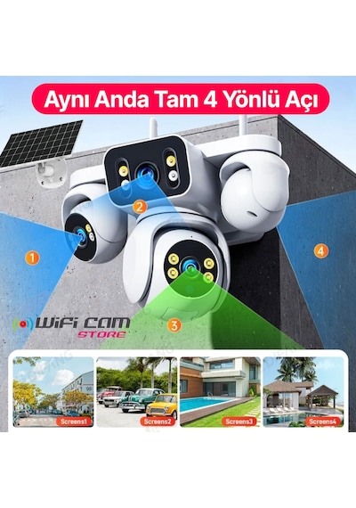 4 Kameralı Çift Panelli 4g Solar Kamera Aov 7/24 Kayıt Hiaesy Yazılım