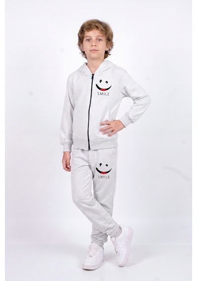 Fyk Kids Erkek Çocuk Baskılı Fermuarlı Kapüşonlu Çift Cepli Eşofman Takımı Gri