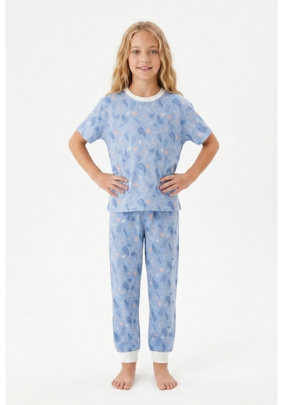 Bunny Hopp Kız Çocuk Pijama Takımı %100 Pamuk Flamingo Desenli Yazlık Kısa Kollu Mavi