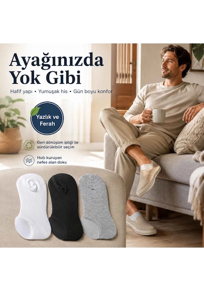 Womanandkids Wak Erkek Geri Dönüşüm İplikli 6 Lı Görünmez Sneaker Çorap, İnce Dikişli, Nefes Alan Yazlık Babet Ço Siyah