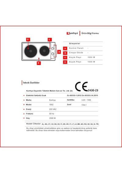 Kunhya KUN-1002 İki Gözlü Elektrikli Ocak Siyah Emaye