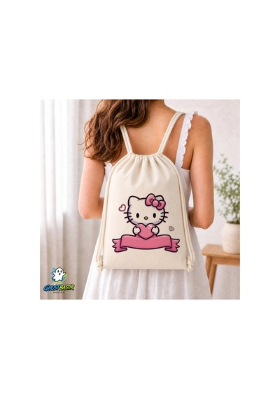 Ghostbastır Design Kişiye Özel Hello Kitty Büzgülü Keten Çanta C154 Bej