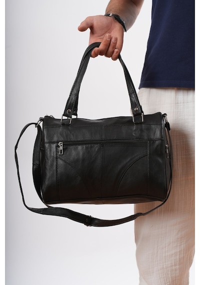 Unisex Hakiki Deri Siyah Silindir Model El Ve Omuz Çantası Siyah